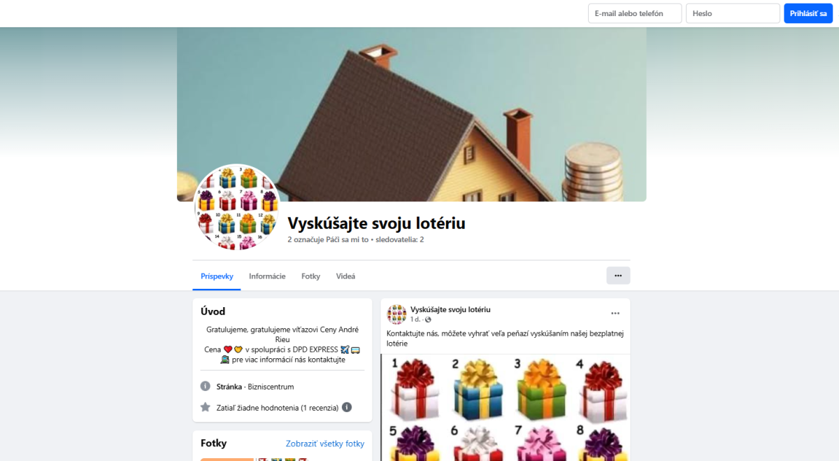 Podvodná stránka na soc. sieti