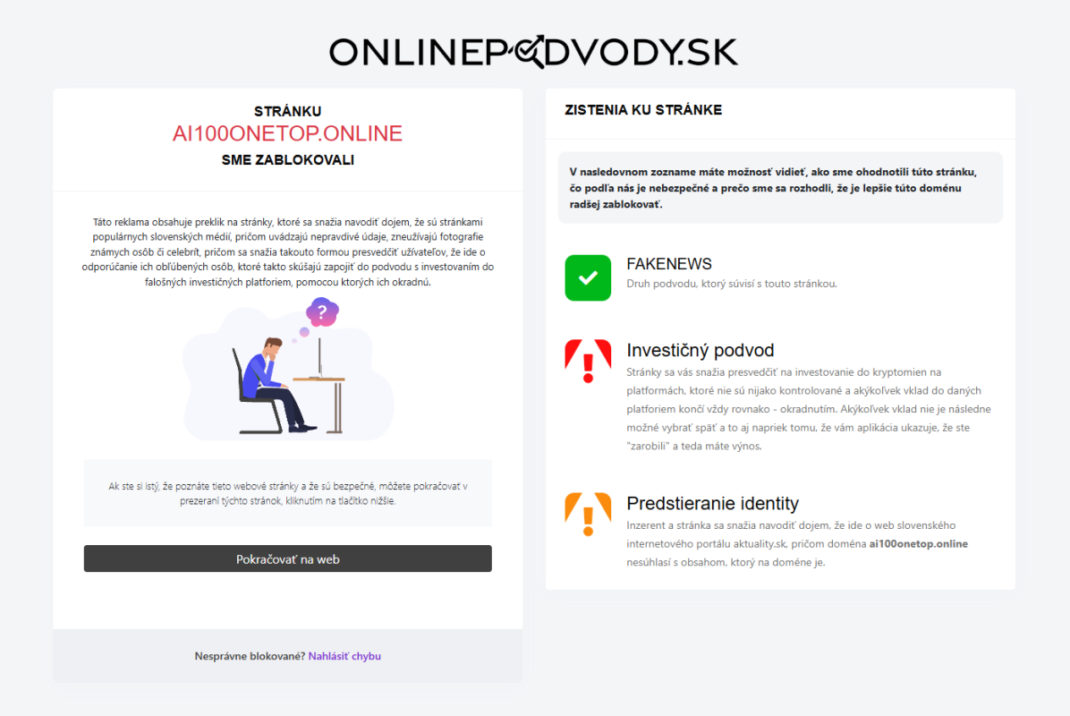 Ukážka zablokovanej stránky cez addon